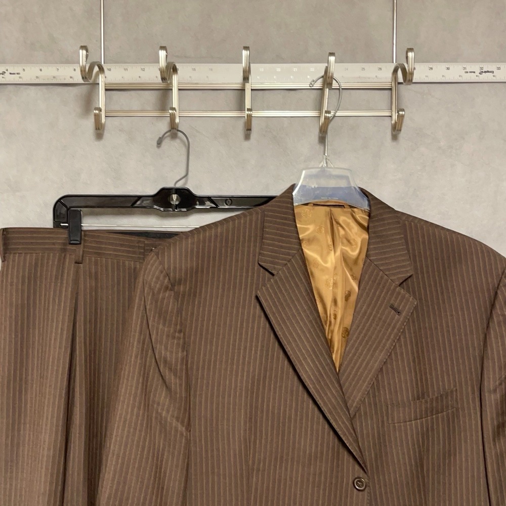 Sean John Suit Men 48R Camel Brown Gold Striped 3B Purple Label Wool W42X29 Luxe